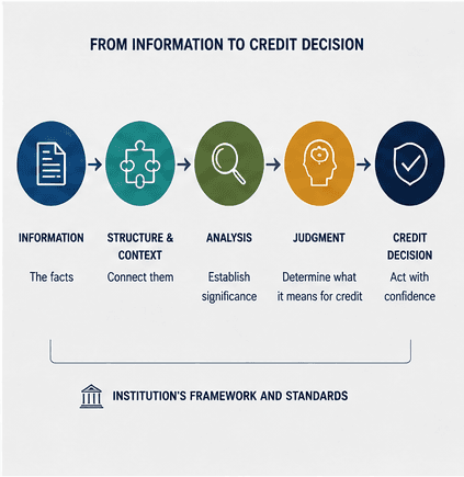 Progression from information through structure and context, analysis and judgment to a credit decision within the institution's framework