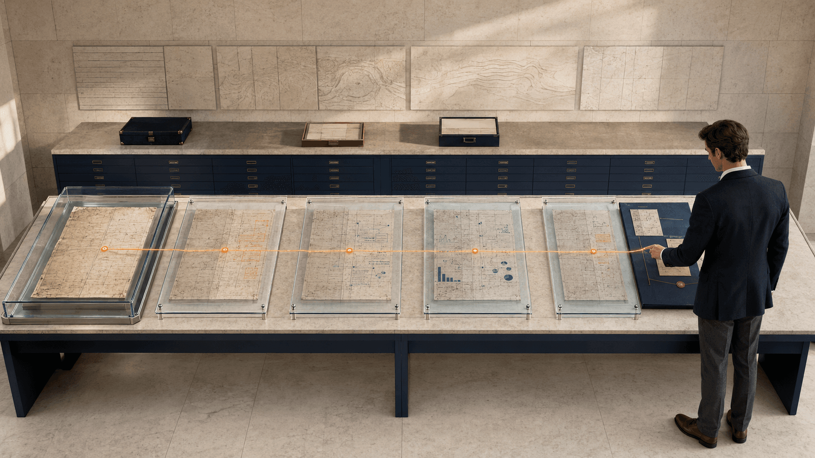 A preserved original record connected through successive versions to a current institutional decision