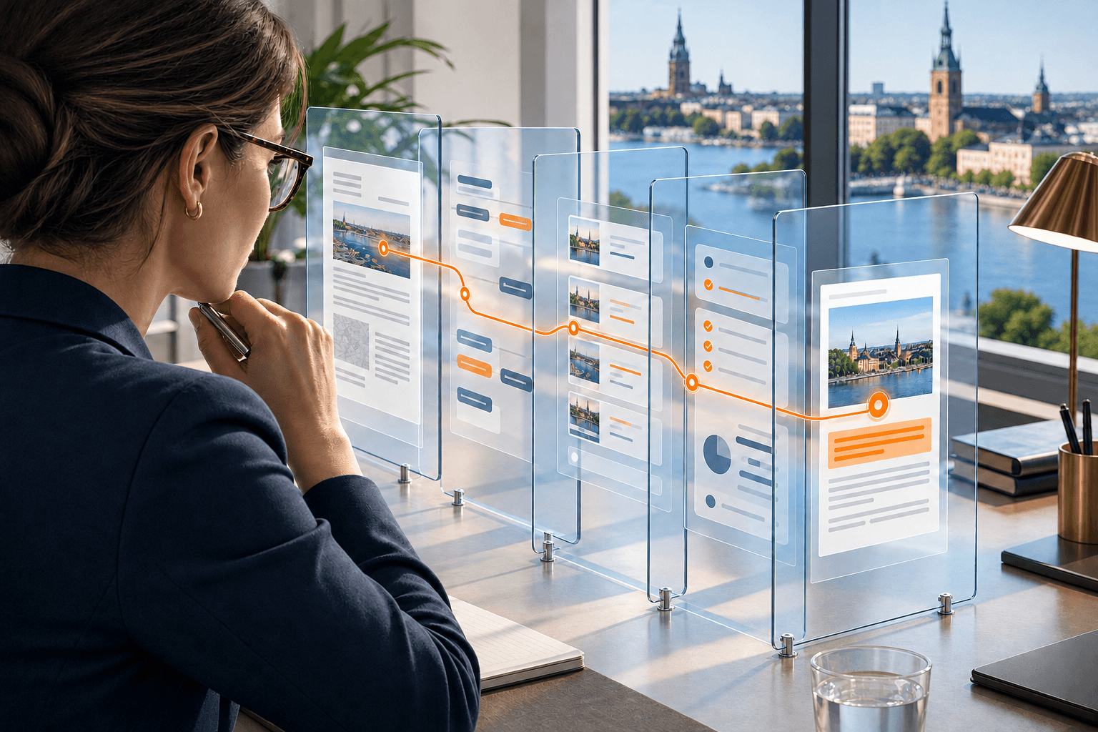 An analyst inspecting transparent reasoning layers connected to their original source